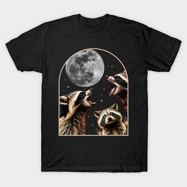 Three Racoons Howling At Moon - Funny Raccoon Cursed Meme T-Shirt by OrangeMonkeyArt